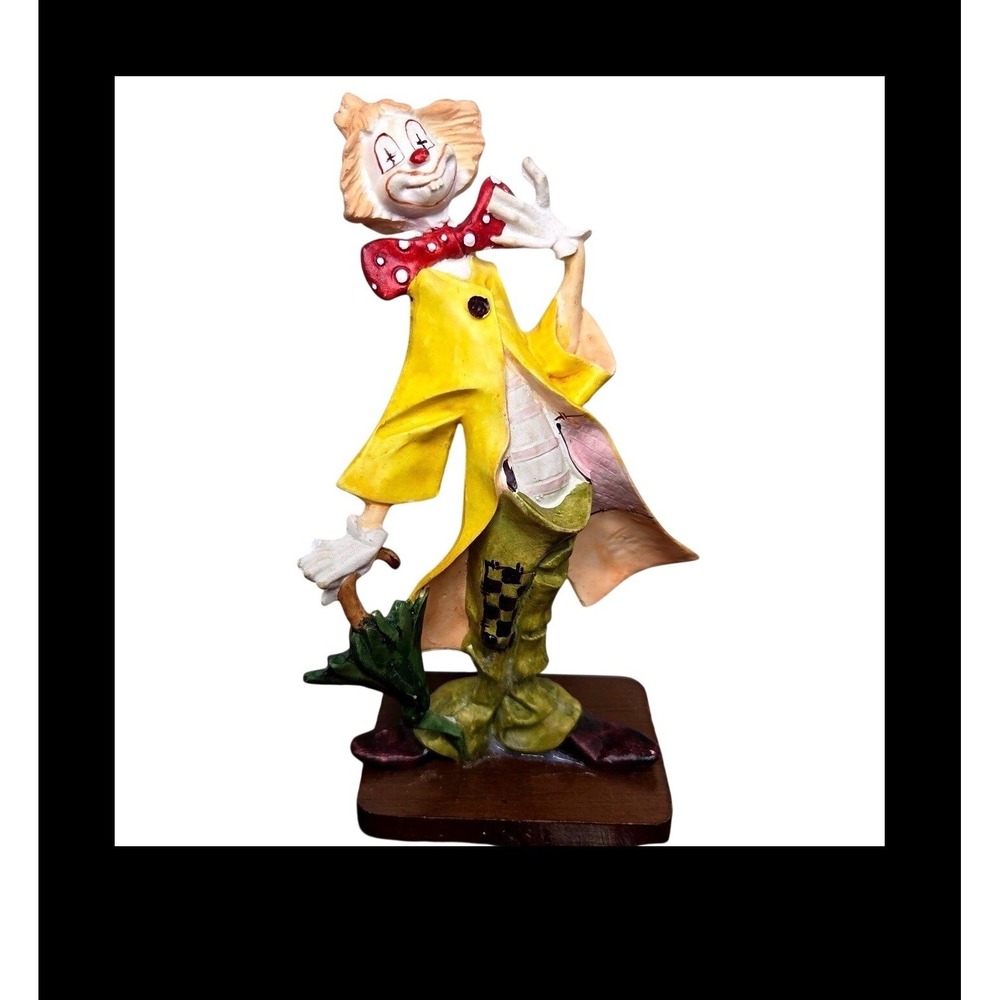 Vintage Hand Painted Clown Figurine Yellow Coat Polka Dot Bow Tie Wood Base 8.5"